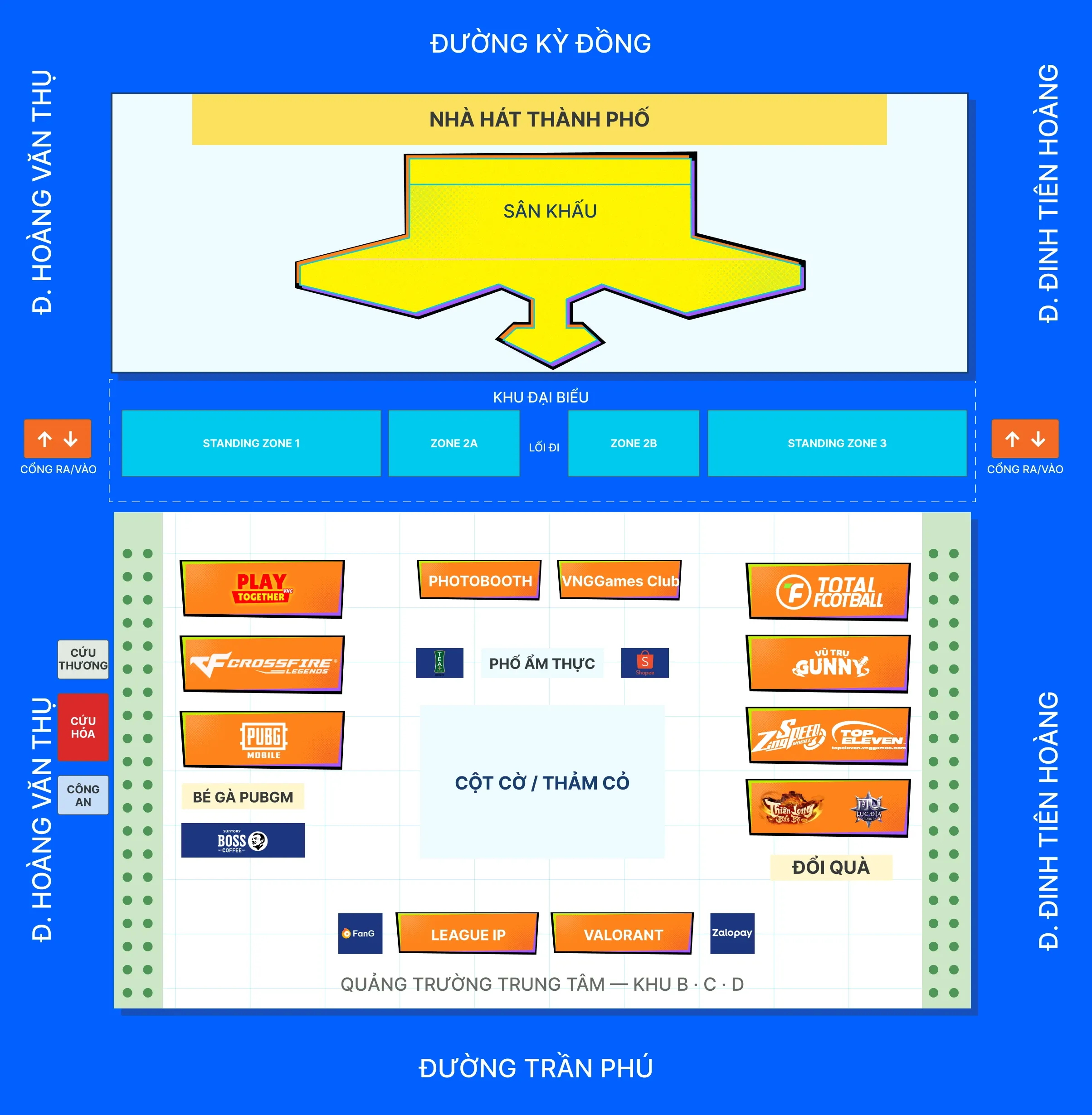 Sơ đồ khu vực: Nhà Hát Thành Phố và sân khấu phía trên, khu đại biểu với hai standing zone và hai zone giữa, hai cổng ra vào hai bên; quảng trường trung tâm phía dưới với các gian hàng Play Together, Crossfire, PUBG Mobile, Total Football, Vũ trụ Gunny, ZingSpeed và Top Eleven, Thiên Long và MU, League IP, VALORANT, phố ẩm thực, photobooth, VNGGames Club, quầy đổi quà và các gian đồng hành TEA+, Shopee, BOSS Coffee, FanG, ZaloPay; bốn đường bao quanh là Kỳ Đồng, Trần Phú, Hoàng Văn Thụ, Đinh Tiên Hoàng